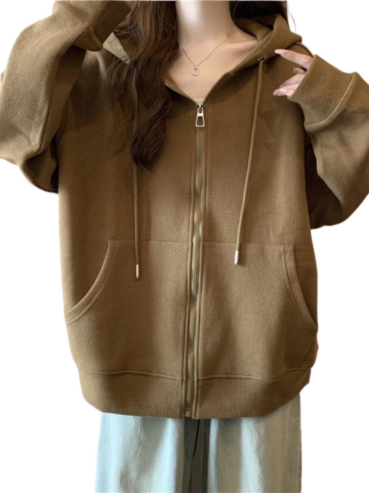 봄과 가을 올 매치 느슨한 슬리밍 와플리 지퍼 카디건 슈퍼 핫 CEC 얇은 후드 스웨트 셔츠 여성용 탑 재킷
