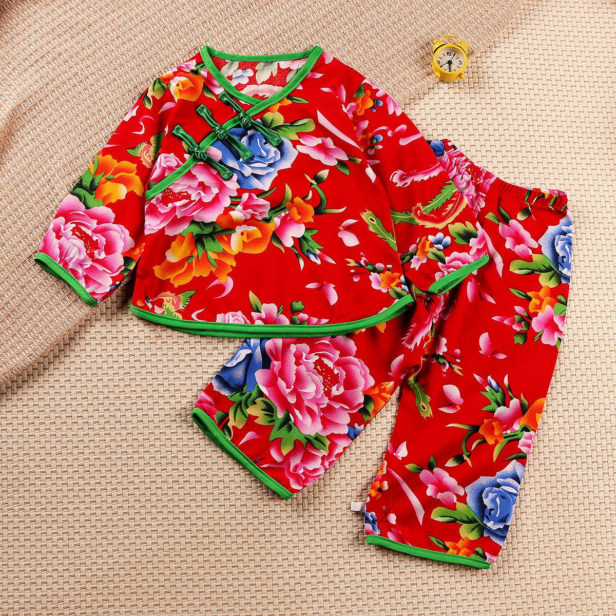 Northeastern Large Flower Suit Cotton Silk Girls Han Style Thin Home Clothes Cotton Silk Children Summer Baby Long-Sleeved Suit