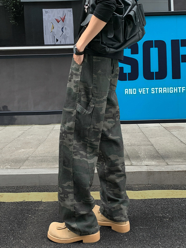 美式迷彩牛仔伐木工装裤男潮牌解构设计感直筒裤宽松做旧休闲裤子|undefined