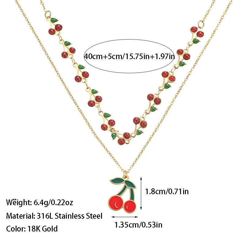 Double Layer Necklaces, Multi Charms Necklace Classification 316L Stainless Steel Chain Material cable chain Chain Type 18K Gold Plated 316L Stainless Steel Gem Cherry Bow Knot Waterproof Non Tarnish Surgical Steel Sweet IG Style Cable Chain Double Layer Necklaces Multi Charms Necklace For Women's