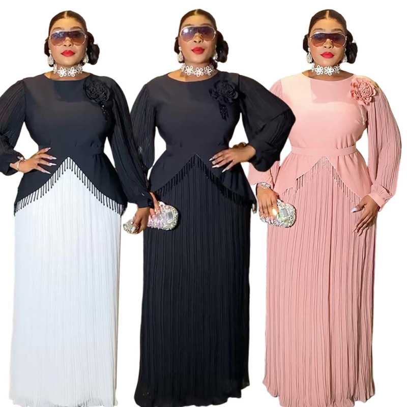 Cross-Border Foreign Trade African Plus Size Women's Long Long-Sleeved Elegant Pleated Skirt Aliexpress Banquet Dress Dress Cross-Border Foreign Trade African Plus Size Women's Long Long-Sleeved Elegant Pleated Skirt Aliexpress Banquet Dress Dress