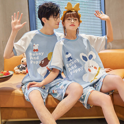梦雨念夏季纯棉男女士睡衣套装全棉可爱短袖短裤套头情侣家居服