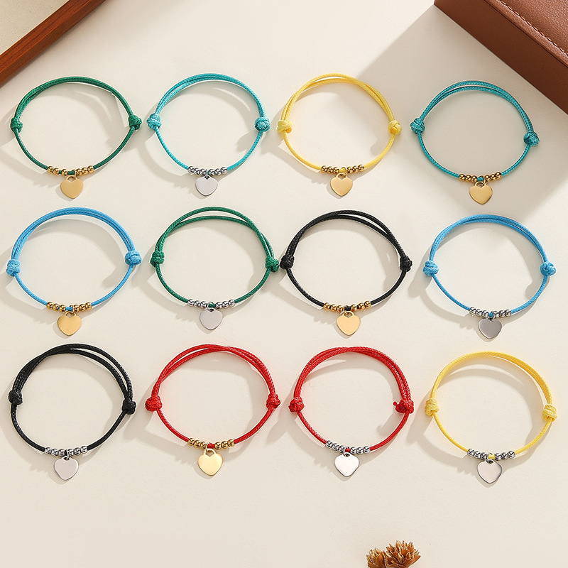 Cross-Border Hot Selling Hand-Woven Colorful Leather Rope Bracelet Stainless Steel Glossy Love Pendant Adjustable Bracelet Wholesale