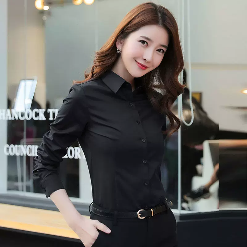 春秋新款黑色衬衫女韩版修身长袖工装衬衣工作服职业装正装上衣