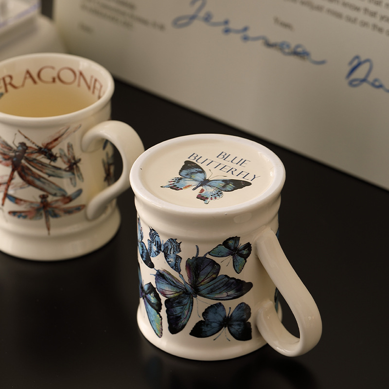 Taza de mariposa francesa Taza retro de gran capacidad Taza de agua de oficina Taza de desayuno Taza de leche Taza de cerámica Taza de agua INS
