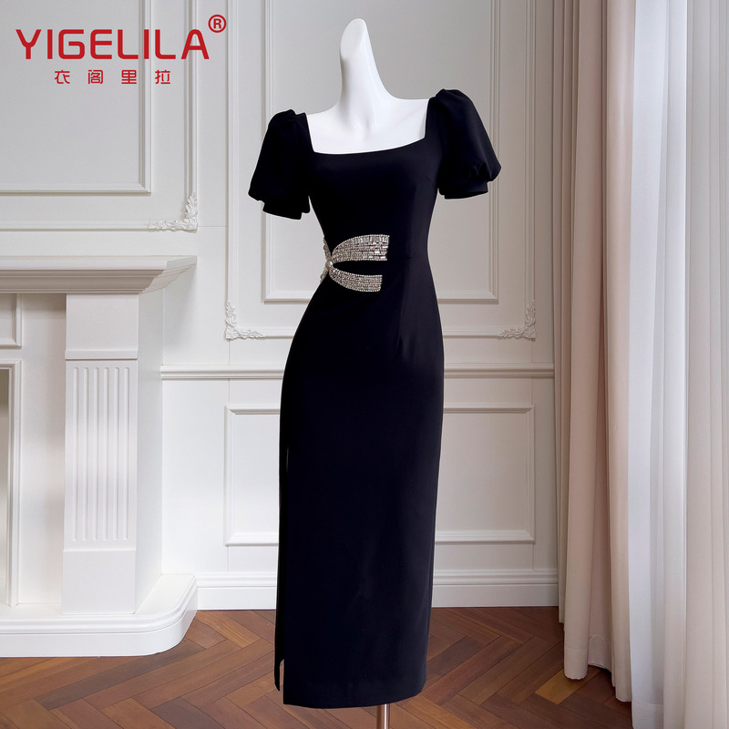 Spring and Summer New Black Slim Dress Banquet Dinner Dress Simple Mid-Length Little Black Dress 68471