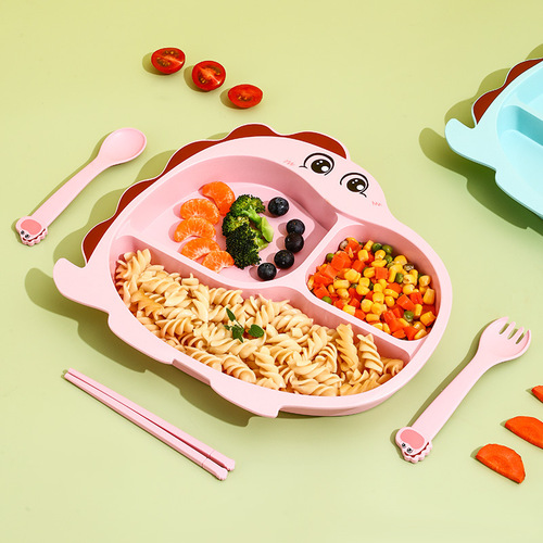 Cross-border cartoon children's dinner plate kindergarten eating grid plate spoon fork baby bamboo fiber tableware