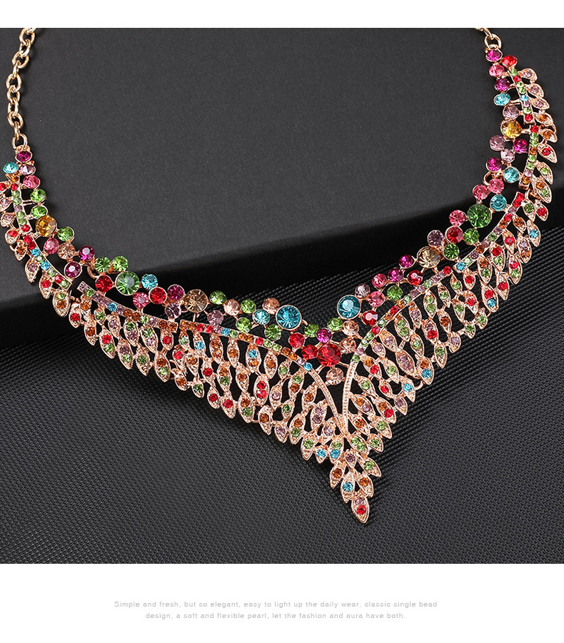 Alloy clavicle chain, exaggerated necklace, earring set, female palace temperament, colorful leaves_voghion.com
