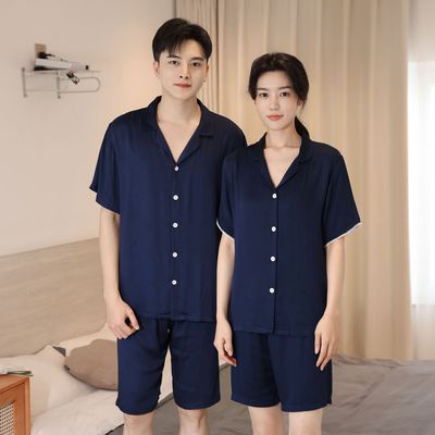 情侣睡衣夏 男女士简约舒适短袖短裤 情侣仿真丝家居服套装批发