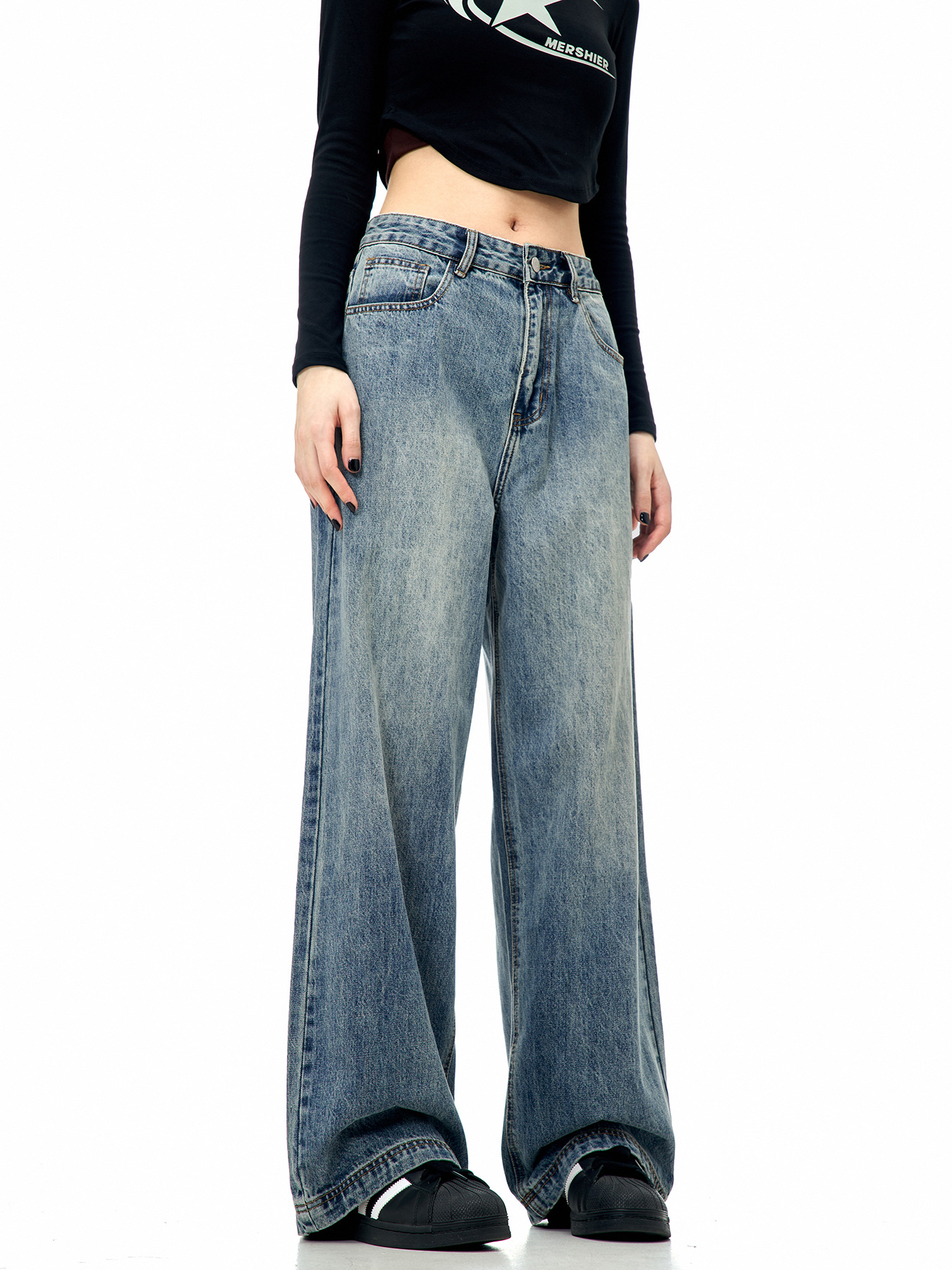 11KN Vaqueros de pierna recta azules retro americanos para hombres y mujeres, pantalones de pierna ancha informales, holgados, versátiles, modernos, sencillos y limpios