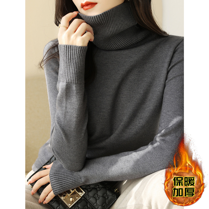 Winter New Thick Piled Turtleneck Sweater wine red Long Sleeve Knitted Sweater Women's Solid Color Inner Base Top