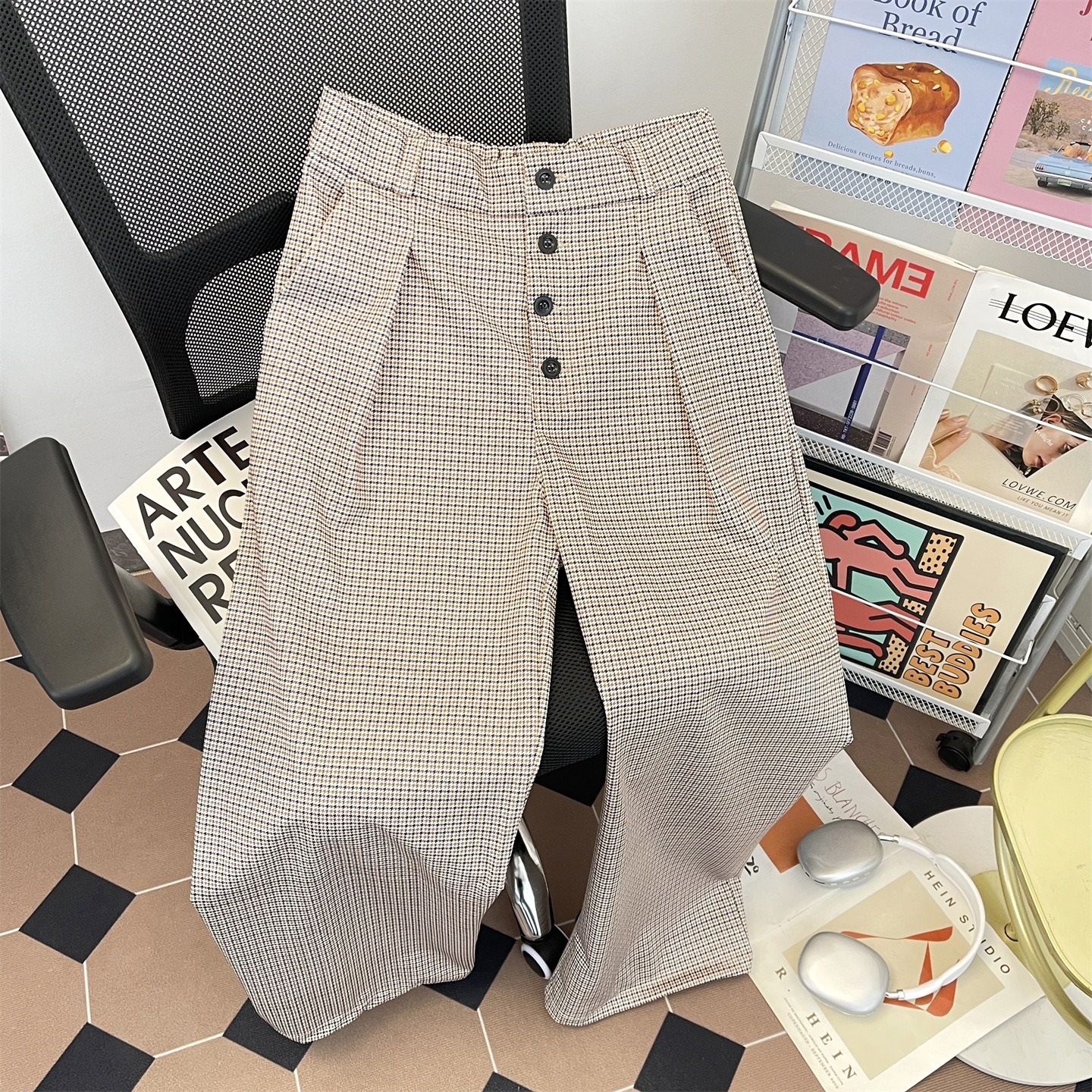 美式复古千鸟格排扣a字休闲西裤男女款秋季垂感裤子宽松bf慵懒风