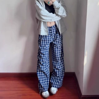 多巴胺复古拖地裤蓝色格子阔腿女夏季2026新款高腰显瘦慵懒风休闲