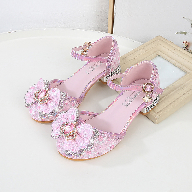 Girls' high heel princess shoes Children's chunky heel printed crystal shoes model catwalk piano host dress performance shoes