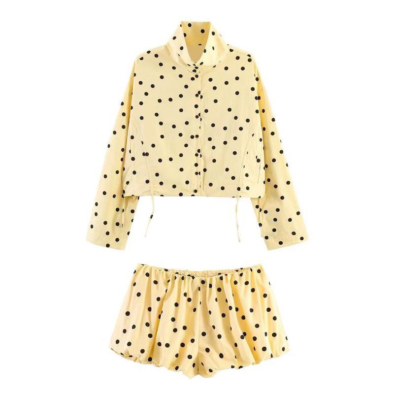 Cross-Border European and American Foreign Trade Women's Clothing Drawstring Design Polka Dot Jacket Balloon Shorts Set Cross-Border European and American Foreign Trade Women's Clothing Drawstring Design Polka Dot Jacket Balloon Shorts Set
