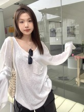 韩版ins百搭长袖白色t恤女宽松薄款 冰丝套衫防晒罩衫上衣针织衫