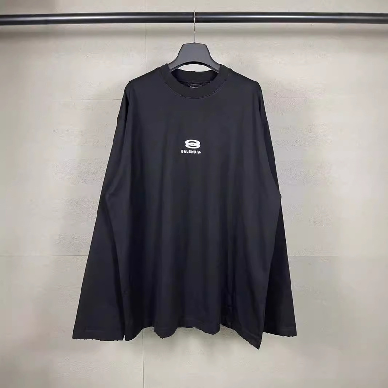 高バージョンパリB家秋冬新型双環LOGO経典刺繍水磨爛破壊して古い長袖tシャツを作ります。|undefined