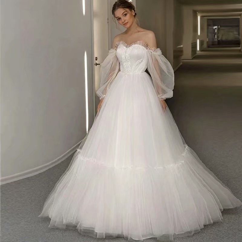 Vestido de Novia de Estilo Nuevo, Elegante y Sencillo, con Mangas Abullonadas de Malla, para Comercio Exterior Europeo y Americano, Amazon, AliExpress, Wish image 1