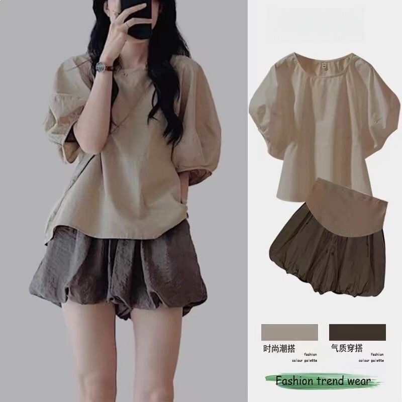 Summer Maternity Two-Piece Set, Fashionable and Stylish, Slimming Top That Covers the Belly, Loose Shorts for Petite Pregnant Women in Summer