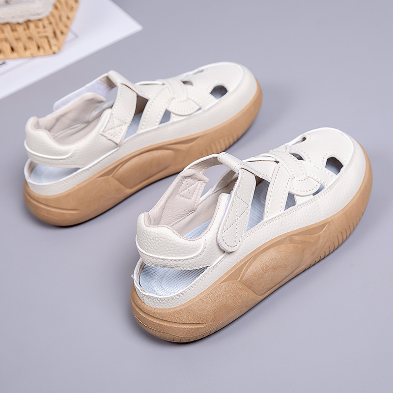 2026 Hot-Selling Summer Velcro Women's Thick-Soled Sandals, Hollow Soft-Soled White Shoes, Breathable Sports Casual Shoes for Women