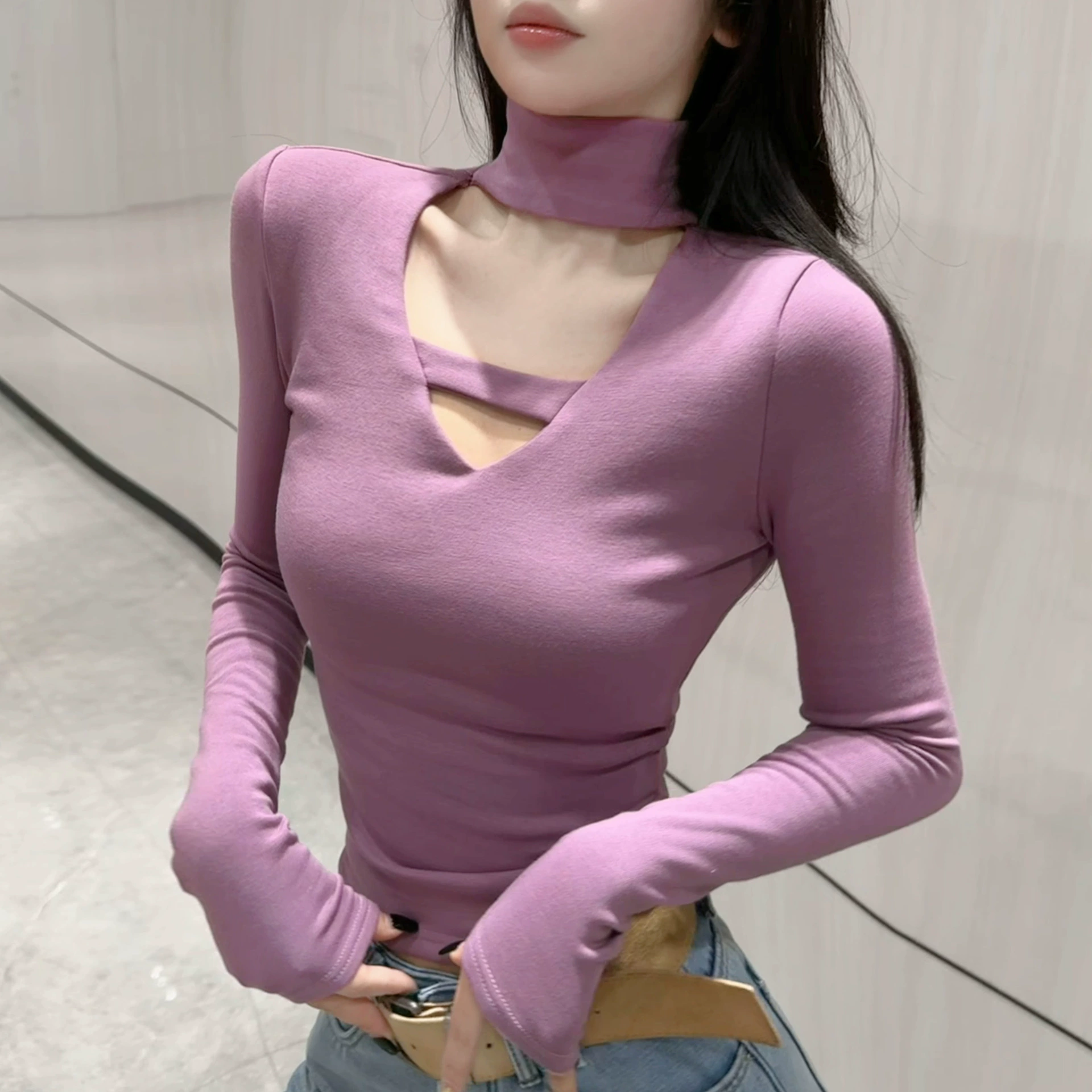 24 Чистый ветер с полувысоким воротником нижняя рубашка зимний новый дизайн [без плеча] тонкая рубашка