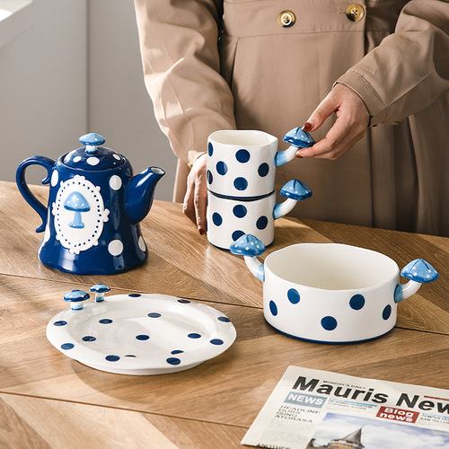 Dark blue mushroom cup afternoon tea tableware set, beautiful cup, girly heart mug, strange-shaped cup
