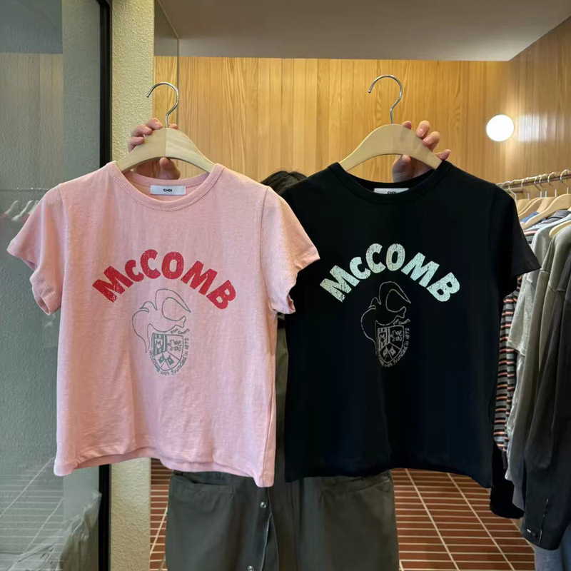 Fan Sun·Xh Korean-Style Elegant Round-Neck Slim-Fit Top Dongdaemun Summer New Letter Print Short-Sleeve T-Shirt for Women