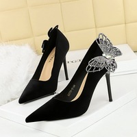 3739-H62L Korean version high-heeled shoes with side bow, rhinestone, west velvet, fine pointed toe, shallow mouth, super high heels
