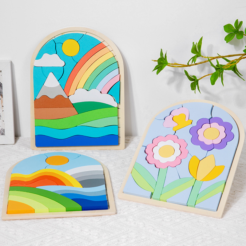 Madera dibujos animados tridimensionales arco iris puzzle entrenamiento de concentración educación temprana bloque de construcción cognitivo de color puzzle 3D