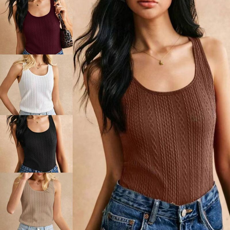 2026 Amazon Cross-Border New European and American Style Solid Color U-Neck Camisole Loose Jacquard Knit Top for Women