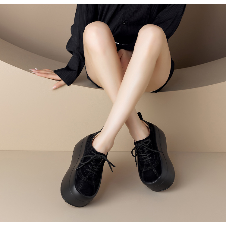 Giày sneaker nữ chunky đế dày mũi tròn phối màu dây buộc cổ thấp thu đông da thật — màu đen, màu mơ chi tiết 9