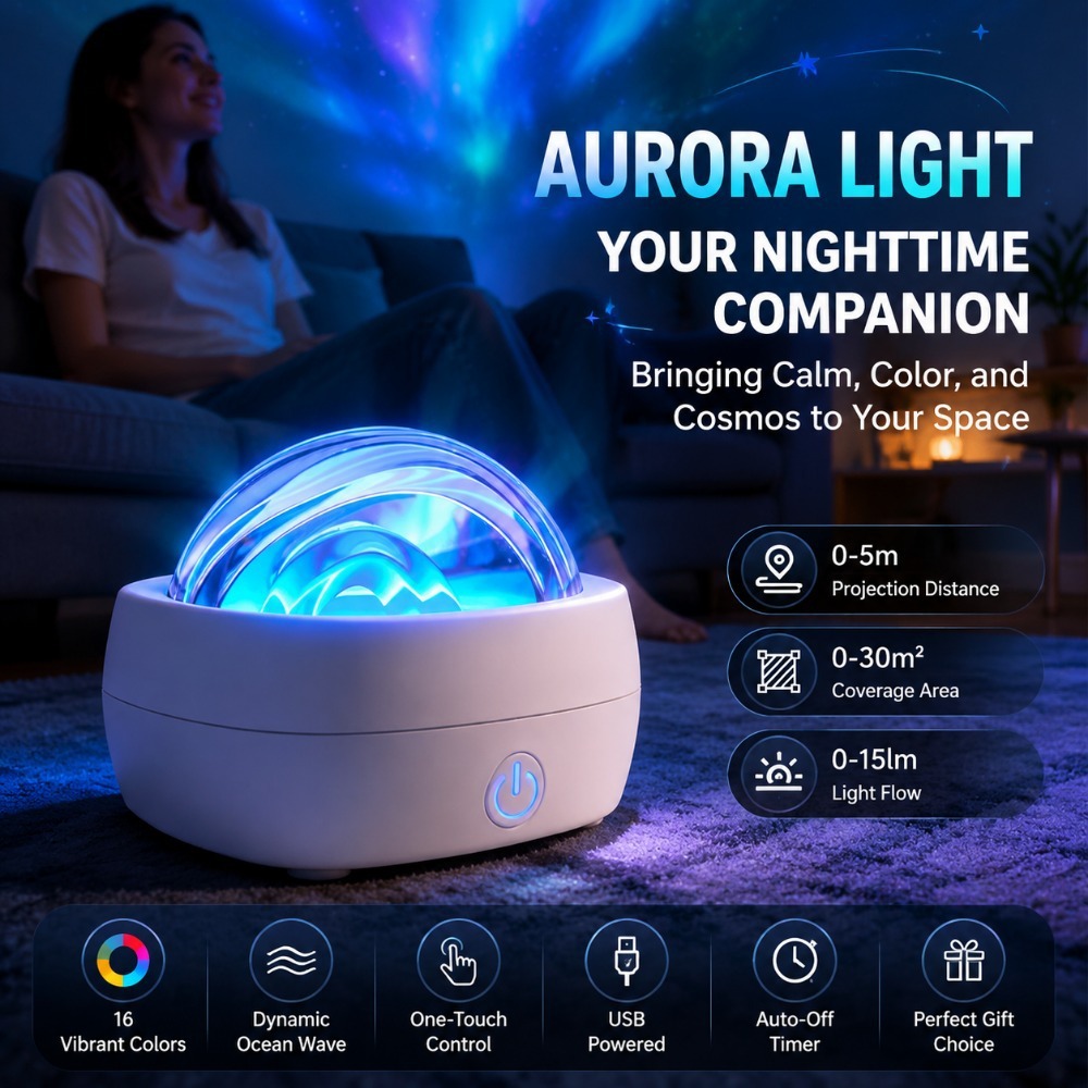 Lámpara de proyección de aurora ondulada de agua dinámica 16 colores Touch USB Night Light Temporizador Luz de atmósfera de aurora boreal