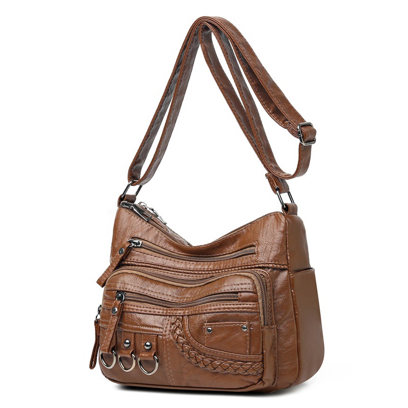 Comercio exterior nuevo bolso de las mujeres lavado suave de cuero con textura bolso de hombro de gran capacidad Multi-Bolsillo europeo y americano hombro bolsa de mensajero