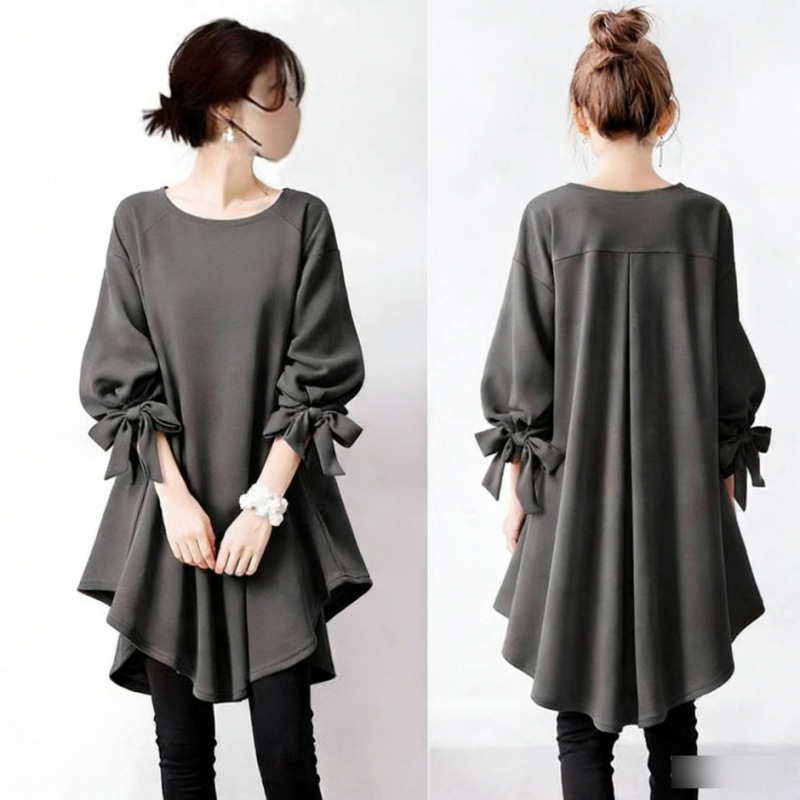 New Japanese-Style Irregular Mid-Length Top with Tie Cuffs, Round Neck, Loose Casual Dress for Export