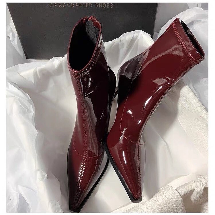 2025 New Autumn and Winter Patent Leather Short Boots for Women European and American Sexy Pointed Toe Stiletto Heels Slim Boots Commuter Elegant Small Ankle Boots