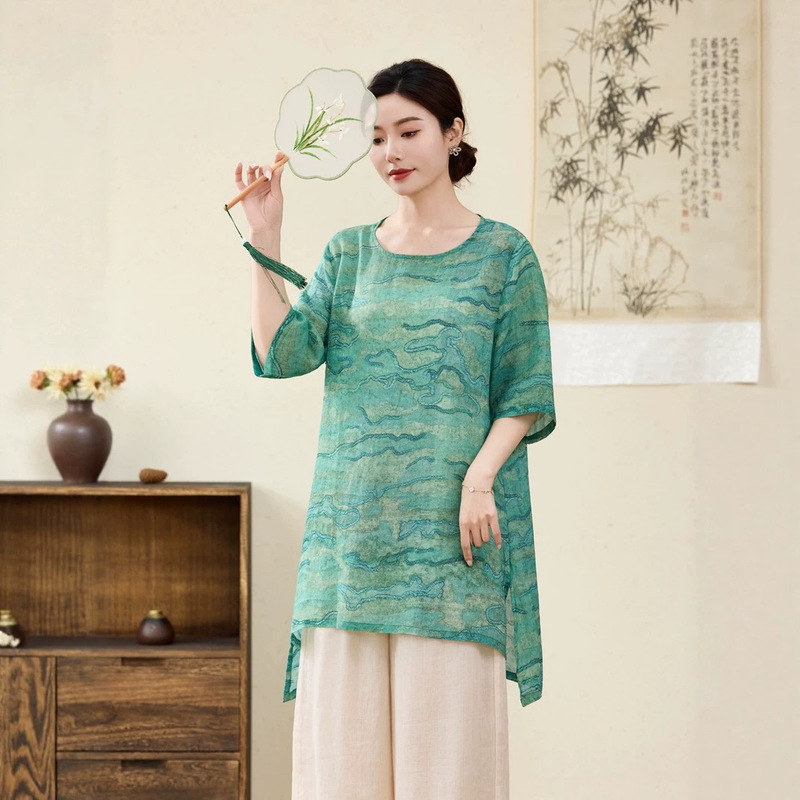 Mid-Length Ramie T-Shirt for Women, Summer New Chinese-Style Stylish Ramie Top with Short Front and Long Back Hem
