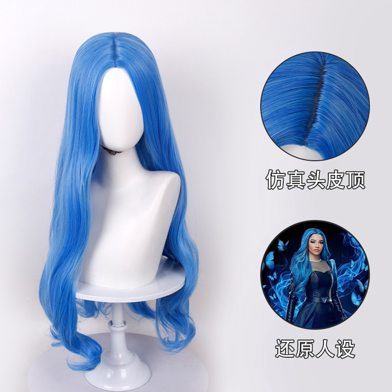 Doukou 2026 Descendants 5 Evil Wonderland Cosplay Wig with Blue Long Curly Hair for Adults and Children