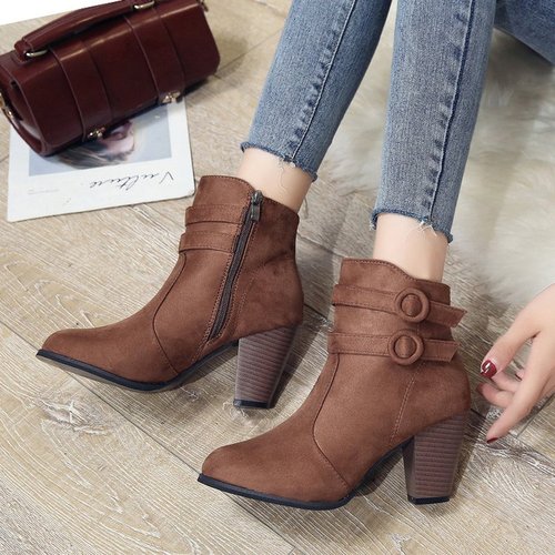 Women's European and American-style suede short boots with side zip, featuring faux short-pile plush material, mid-heel, chunky heel, and rubber pointed toe—perfect for fashion-forward looks.