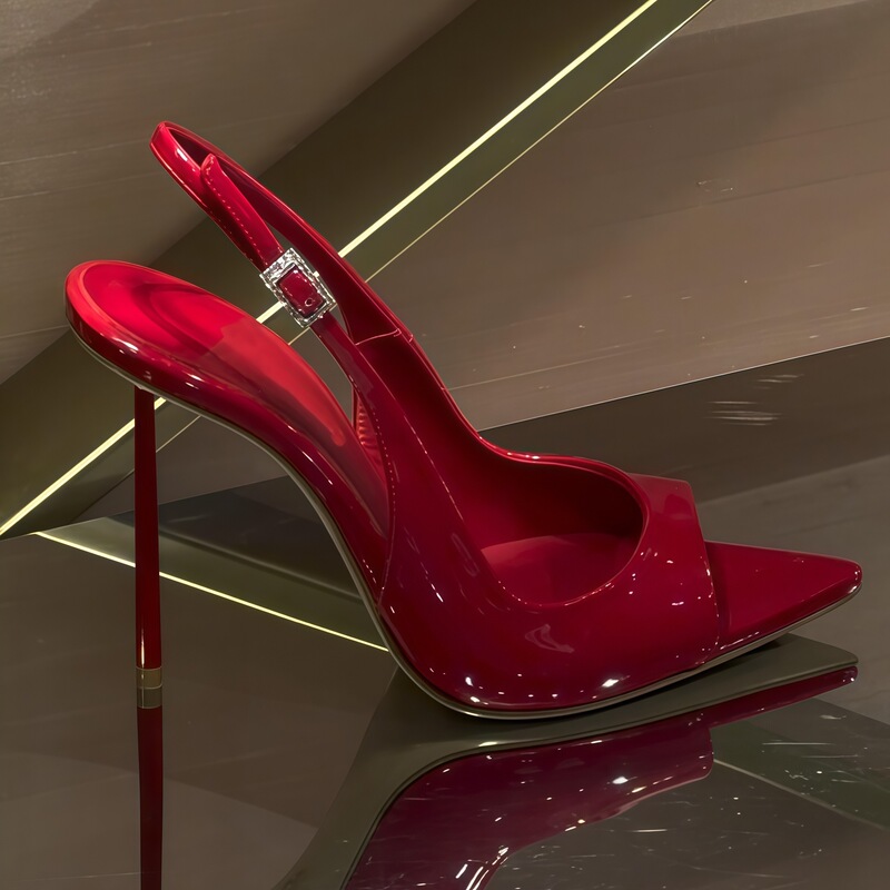 First Encounter with the Season's Red Patent Leather Pointed-Toe Stiletto High Heels for Women, New Model for Spring 2026, Shallow Mouth with Rhinestone Buckle and Open Back First Encounter with the Season's Red Patent Leather Pointed-Toe Stiletto High Heels for Women, New Model for Spring 2026, Shallow Mouth with Rhinestone Buckle and Open Back