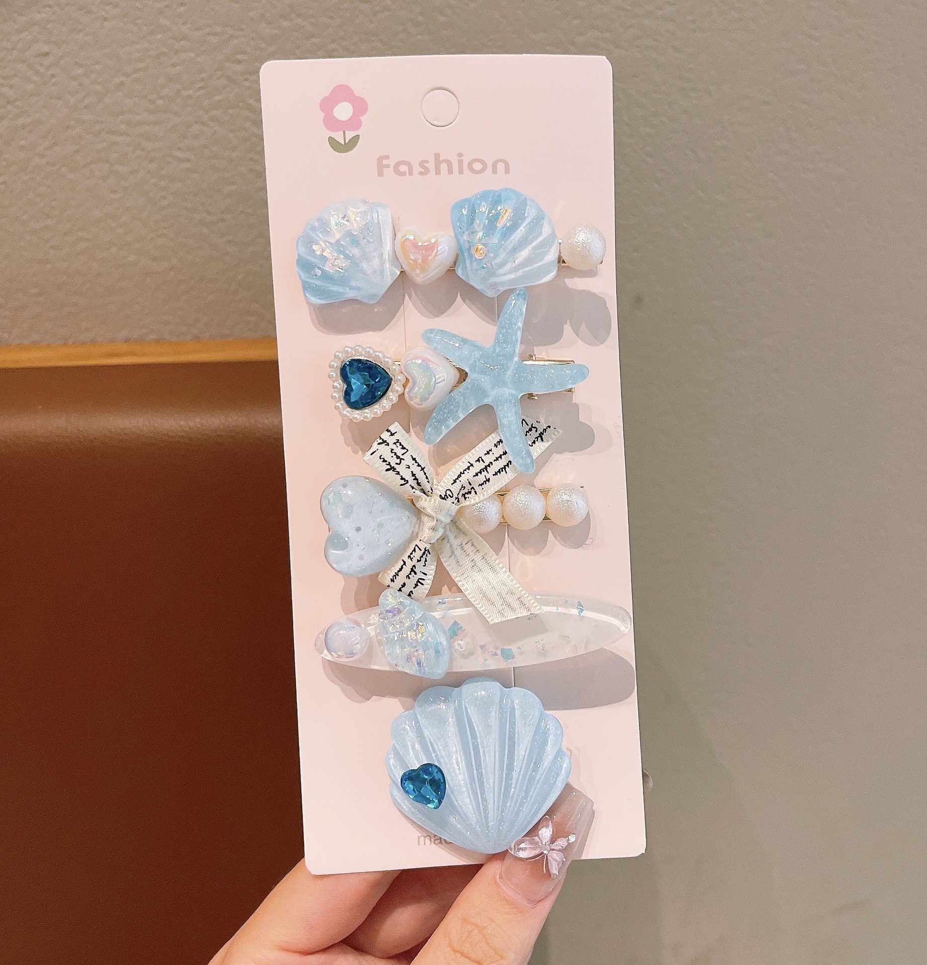 Bonitos pequeños niños frescos clip de pelo conjunto marino viento conchas estrellas perlas tarjetas de pelo princesa niñas al por mayor