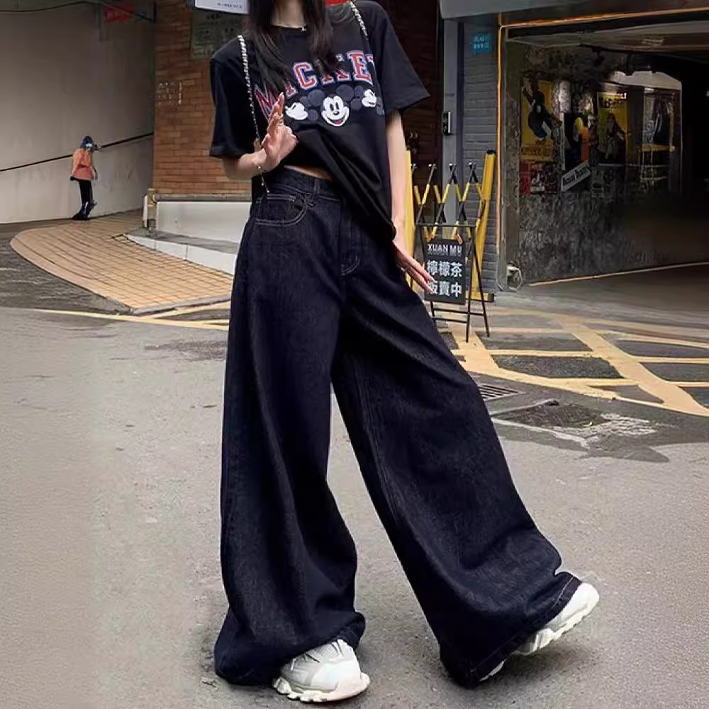 다크 블루 미국식 느슨한 와이드 레그 청바지 여성 2024 년 여름 새로운 딥 게으른 캐주얼 스트레이트 팬츠