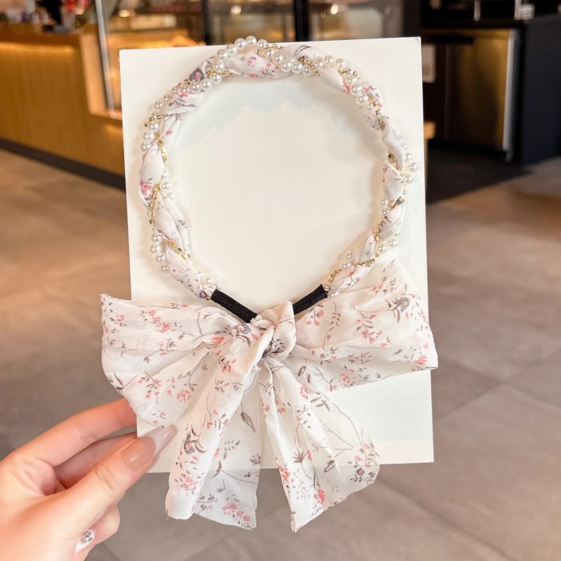 Niños super inmortal tejido bufandas de seda flotantes flores flotantes un cabello de cola de caballo atar cinta de cabello cabeza de cuerda de perla cabeza de cuerda de cabello