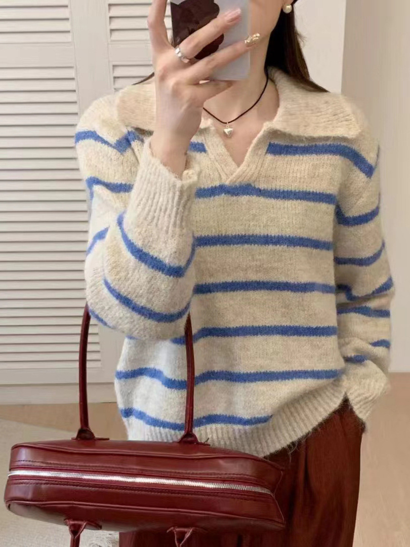 Suéter coreano con solapa para mujeres otoño y invierno nuevo estilo simple con rayas de contraste de color perezosas versátiles sueltas camisetas de punto transfronterizas image 4