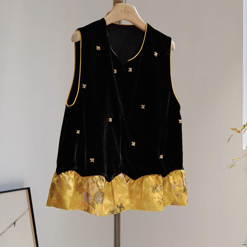 Chinese-Style Velvet Sleeveless Vest Patchwork 2025 Autumn New Chinese High-End Retro Top