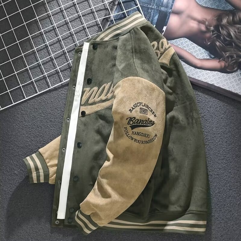 Suede Baseball Jacket for Men, Autumn and Winter American Retro Style, Loose Fit, Embroidered Bomber Jacket, Trendy Suede Baseball Jacket for Men, Autumn and Winter American Retro Style, Loose Fit, Embroidered Bomber Jacket, Trendy