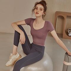 帶胸墊瑜伽服女短袖露臍短款運動上衣夏季跑步方領錦綸T恤緊身衣