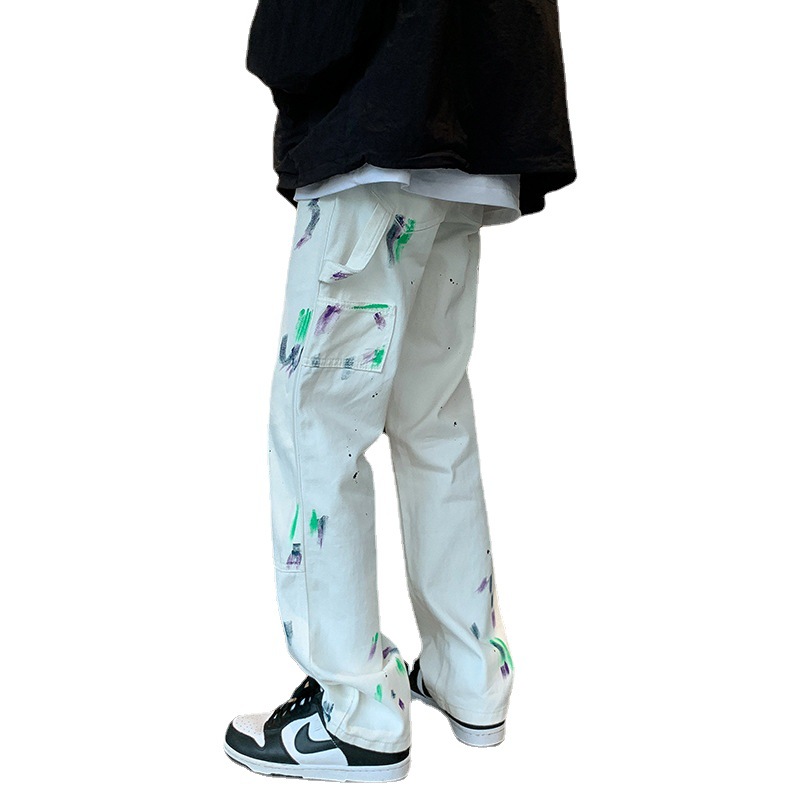 American-style oldschool pants high street ins trendy vibe style street tooling white wide leg splash ink jeans men