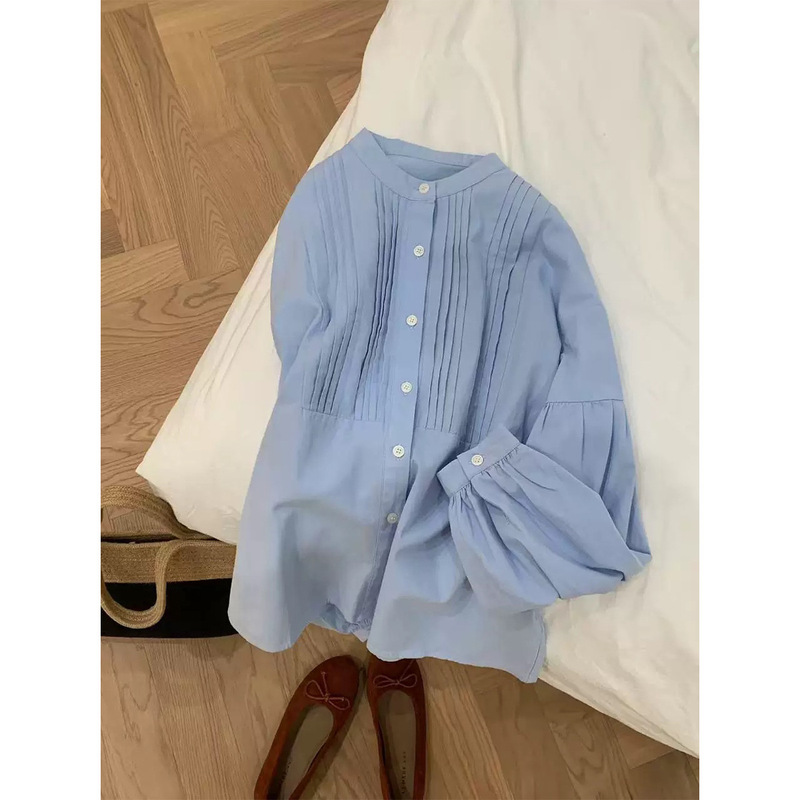 French-Style Lazy Pleated Shirt for Women, Tuck Pleats, Twill, Korean Style, Fresh and Natural, Versatile Long-Sleeved Shirt for Autumn