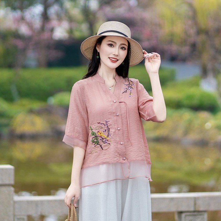 Mom's Summer Short-Sleeved Cotton and Linen Shirt for Middle-Aged and Elderly Women, Summer Thin Mid-Sleeve Shirt to Cover Belly and Slimming Chinese Style Top