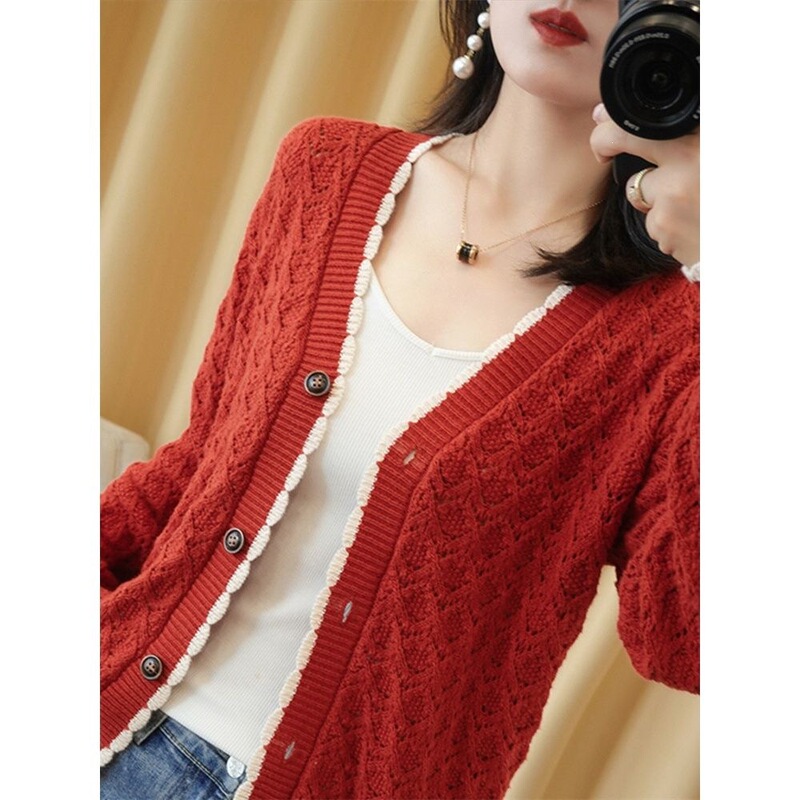 Spring and Autumn New Style Pure Cotton Cardigan Knit Jacket for Women, Buttoned Sweater, Loose Fit, Plus Size, Short Style, All-Cotton Outerwear